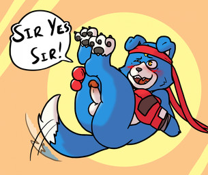 accessory anthro balls blue_body blue_fur blush boxing_gloves butt clothing erection fur genitals handwear headband legs_up male one_eye_closed pawpads penis presenting presenting_hindquarters solo tail tail_motion tailwag text wink kay_but_gayer bandai_namco digimon digimon_(species) gaomon english_text hi_res