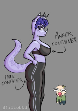 anthro anthro_focus bald bent_over big_breasts biped black_bottomwear black_bra black_clothing black_pants black_underwear bodily_fluids bottomwear bra breasts clothed clothed_anthro clothed_female clothed_human clothed_male clothing directional_arrow drooling duo facial_horn female female_focus freckled_breasts freckled_chest freckled_shoulders freckles frill_(anatomy) green_clothing green_shirt green_topwear grey_background grey_bottomwear grey_clothing grey_pants hair horn looking_at_another looking_at_viewer male male/female markings non-mammal_breasts pants purple_body purple_hair saliva shirt short_hair side_eye side_view simple_background solo_focus spots spotted_markings striped_markings stripes surprised tail text topwear underwear wide_eyed filiobtd cavemanon_studios evil_container goodbye_volcano_high ko_op_(game_developer) snoot_game anon_(snoot_game) trish_(gvh) human mammal absurd_res artist_name colored english_text hi_res meme shaded
