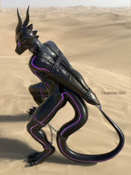 4_toes anthro armbinder arms_to_tail bdsm binder_(restraint) black_clothing black_latex black_skinsuit bondage_gear clothing collar cuff_(restraint) desert feet feet_to_tail food halter harness high-angle_view hypnosis latex latex_clothing latex_skinsuit leaning leaning_forward mind_control mouth_closed restraints ringed_eyes shackles side_view skinsuit solo standing tail tail_cuff tight_clothing toes zentai xiabottor microsoft the_elder_scrolls argonian scalie 3:4 hi_res signature