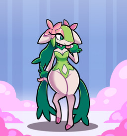 anthro breasts cleavage clothed clothing cloven_hooves eyelashes female fingers flower fur green_body green_eyes green_fur head_flower hooved_fingers hooves pattern_background pink_nose pivoted_ears plant pose simple_background small_waist smile solo unguligrade white_body white_fur wide_hips gharug fakemon nintendo pokemon deer faunazon mammal digital_media_(artwork) full-length_portrait hi_res pinup portrait