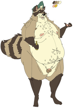 anthro armpit_hair balls beer_bottle belly belly_overhang body_hair bottle buried_penis clothing container double_chin genitals hat headgear headwear male moobs nipples nude obese obese_male overweight overweight_male penis solo standing trucker_hat southernyote mammal procyonid raccoon hi_res model_sheet