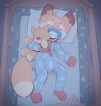 anthro clothing crib diaper diaper_under_clothing eyes_closed male object_in_mouth onesie pacifier pacifier_in_mouth pajamas plushie sleeping solo teddy_bear toddler young young_anthro skidoo alex(skidoo) domestic_cat felid feline felis mammal digital_media_(artwork) hi_res