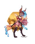 anthro blue_hair brown_body brown_fur cake clothed clothing dessert digitigrade female food fur grin hair holding_cake holding_food holding_object multicolored_body multicolored_fur multicolored_hair orange_body orange_fur orange_hair pink_eyes pink_hair smile solo standing tan_body tan_fur timmothy_arts helluva_boss queen_bee-lzebub_(helluva_boss) arthropod bee canid canine fox hybrid hymenopteran insect mammal 4:5 hi_res signature