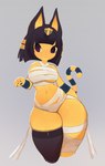 anthro black_hair breasts chest_wraps clothing female fur grey_background hair legwear markings mummy_costume mummy_wrappings navel pawpads short_hair simple_background smile solo striped_markings striped_tail stripes tail tail_markings thick_thighs thigh_highs uraeus wide_hips wraps yellow_body yellow_fur soda_uyu animal_crossing nintendo ankha_(animal_crossing) domestic_cat felid feline felis mammal absurd_res hi_res portrait three-quarter_portrait