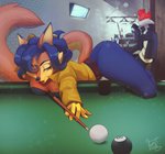 anthro belt billiards blue_hair clothed clothing container cup duo ear_piercing ear_ring female fur hair jacket male orange_body orange_fur piercing ring_piercing topwear feliscede sly_cooper_(series) sony_corporation sony_interactive_entertainment sucker_punch_productions carmelita_fox red_(reddeadfox) canid canine fox mammal digital_media_(artwork) shaded