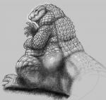 2012 anthro belly big_belly biped chompythecroc claws crocodile crocodilian crocodylid gesture grey_background greyscale hand_on_belly hi_res male monochrome neodokuro nude obese obese_anthro obese_male overweight overweight_anthro overweight_male reptile scales scalie simple_background sitting smile solo tail teeth thick_tail thick_thighs toe_claws waving wide_hips