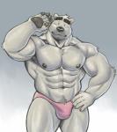 abs anthro biceps big_muscles black_nipples black_nose bodily_fluids bulge clothing eyebrows front_view fur hand_on_hip male muscular muscular_anthro muscular_male nipples pecs simple_background solo speed standing thick_eyebrows white_body white_fur adios bear mammal polar_bear ursine 2019 absurd_res hi_res portrait three-quarter_portrait