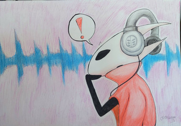 2_horns ambiguous_gender black_arms black_eyes clothed clothing electronics exclamation_point headgear headphones headset horn red_clothing solo speech_bubble quetzalagosto hollow_knight_(franchise) team_cherry hornet_(hollow_knight) arthropod 2025 absurd_res hi_res signature traditional_media_(artwork) female_(lore)