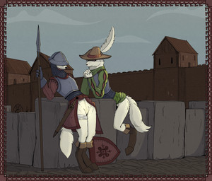 anthro armor boots bottomless casual_exposure chainmail clothed clothing digitigrade duo female footwear fur furgonomics genitals hat headgear headwear helmet legband medieval melee_weapon polearm shield shoes spear sword vulva weapon white_body white_fur garbagegarage mammal mustelid musteline true_musteline weasel hi_res