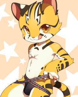 4_fingers anthro big_eyes big_head biped black_clothing black_underwear blush brown_body brown_fur bulge chest_tuft claws clothed clothing collarbone countershading fingers fur jockstrap kemono licking licking_lips licking_own_lips looking_at_viewer male markings orange_body orange_eyes orange_fur pattern_background self_lick shota simple_background skimpy solo spots standing star star-shaped_background star_polygon striped_markings striped_tail stripes tail tail_markings tongue tongue_out topless tuft underwear white_body white_fur young young_anthro young_male unrealplace raier_(unrealplace) felid feline leopard_cat mammal prionailurus
