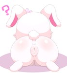 accessory all_fours anthro anus butt female flower flower_in_hair fur genitals hair hair_accessory plant plump_labia presenting presenting_hindquarters presenting_pussy pussy question_mark rear_view simple_background solo white_background white_body white_fur azuo jewelpet sanrio sega sega_fave ruby_(jewelpet) lagomorph leporid mammal rabbit hi_res