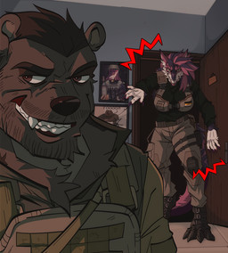 4_claws 4_fingers 4_toes age_difference alcohol angry anthro armor bared_teeth beard beverage black_claws body_armor boots bottomwear breasts brown_beard brown_body brown_eyes brown_facial_hair brown_fur brown_nose bulletproof_vest claws clothed clothed_anthro clothed_female clothed_male clothing digitigrade door doorway duo eyebrows facial_hair feet female finger_claws fingernails fingers footwear fully_clothed fully_clothed_anthro fully_clothed_female fully_clothed_male fur furgonomic_boots furgonomics green_clothing green_topwear grin gun hair inside leaning leaning_forward leather leather_boots leather_clothing leather_footwear long_legs looking_at_viewer looking_down looking_down_at_viewer low-angle_view machine_gun male mature_anthro mature_male medium_breasts military multicolored_body multicolored_fur nails older_male open_door pants patch_(fabric) photo pointy_ears purple_body purple_ears purple_eyebrows purple_fur purple_hair ranged_weapon round_ears russian russian_federation russian_flag_(1858) scratching_wall sharp_fingernails sharp_nails shoes smile snout soldier standing_in_doorway tall_anthro tall_female teeth text thick_eyebrows toe_claws toes topwear two_tone_body two_tone_fur uniform unsigned vodka warrior weapon white_body white_fur white_sclera younger_female gala_bobs vasily_podvitsky goooal_(meme) alexandra_reznova machine_gunner_(gala_bobs) willem_dafoe bear mammal sergal 2024 digital_media_(artwork) hi_res paint_tool_sai_(artwork) russian_description russian_text translated translated_description