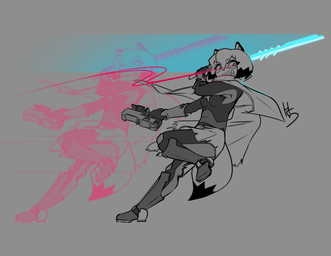 action_pose afterimage anthro armor boots bottomwear breasts cape clothed clothing cosplay crossover_cosplay dipstick_tail energy_sword energy_weapon facial_markings fangs female footwear frown gloves grey_background hair handwear head_markings holding_blaster holding_melee_weapon holding_object holding_sword holding_weapon markings mask_(marking) melee_weapon open_frown open_mouth pose shirt shoes simple_background skirt small_breasts solo sword tail tail_markings teeth topwear weapon high5art brand_new_animal hyper_light_drifter studio_trigger michiru_kagemori the_drifter_(hyper_light_drifter) canid canine mammal raccoon_dog tanuki 2022 crossover greyscale hi_res monochrome portrait signature sketch spot_color