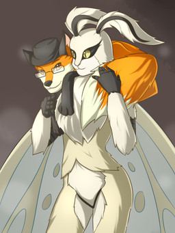 :3 bowler_hat classy clothing duo eyewear female feral fur hat headgear headwear male scarf simple_background smile lazuli_(artist) dis_the_fox arthropod canid canine fox insect lepidopteran mammal moth digital_media_(artwork)