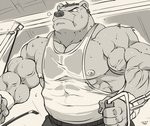 5_fingers abs anthro big_muscles bodily_fluids bottomwear clothing earbuds electronics exercise fingers hair headphones humanoid_hands low-angle_view male muscular muscular_anthro muscular_male nipples pecs shirt shorts solo sweat tank_top topwear vein veiny_muscles weightlifting workout niku_18 bear mammal 2020 monochrome