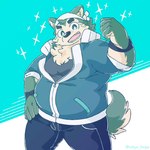 anthro bandanna belly canid canine canis domestic_dog eyebrows fur green_body green_eyes green_fur hi_res kemono kerchief lifewonders live_a_hero male mammal mokdai ottyo_kope overweight smile solo thick_eyebrows wristband