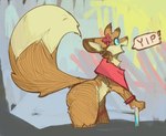 abstract_background accessory ambiguous_gender anthro big_tail blue_eyes blue_sclera bracelet brown_body brown_fur brown_nose clothing cute_fangs dialogue dipstick_ears dipstick_tail ear_markings exclamation_point fangs flower flower_in_hair fluffy fluffy_tail fur hair hair_accessory jewelry markings multicolored_ears open_mouth orange_body orange_fur plant red_accessory red_bracelet red_clothing red_flower red_topwear solo speech_bubble standing tail tail_markings tan_body tan_fur teeth text thick_thighs topwear dawnables canid canine fox mammal 2022 english_text