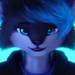 anthro black_clothing black_hair black_hoodie black_jacket black_nose black_topwear blep blue_clothing blue_eyes blue_hair blue_shirt blue_topwear cheek_tuft clothing countershade_torso countershading ear_piercing ear_ring ears_up eyebrows facial_tuft fur grey_body grey_fur hair hoodie jacket male piercing reflection ring_piercing shirt smile solo t-shirt tongue tongue_out topwear tuft white_body white_fur fuzzledfur fuzzie_(fuzzledfur) felid feline lynx mammal 1:1 2020 absurd_res detailed hi_res smaller_version_at_source