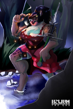 anthro belt big_breasts black_belt black_hair breasts breath brown_body brown_fur chest_tuft cigar cleavage clothed clothing dress el_duviri female fluffy fur grass hair long_tongue melee_weapon muscular muscular_anthro muscular_female neck_muscles orange_eyes plant red_clothing red_dress river rock smoke smoke_from_mouth solo spots sword thick_thighs thigh_belt tongue tongue_out tree tuft water weapon zweihander helium_(artist) gnoll hyena mammal spotted_hyena absurd_res hi_res huge_filesize watermark