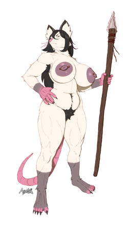 anthro areola armpit_hair big_areola big_breasts body_hair breasts claws female hair long_hair melee_weapon piercing polearm pubes solo spear strong_female tail toe_claws weapon athosvds venny_nykopp american_opossum mammal marsupial 2025 absurd_res hi_res