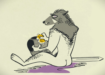 arm_hair armor body_hair breastplate bubble butt cape claws cleaning cleaning_tool cloak clothing facial_scar fangs for_a_head fur furless_torso grey_body grey_fur hairy_back hairy_legs holding_armor holding_object holding_sponge looking_at_viewer looking_back male melee_weapon nude pubes purple_eyes scar shaggy_fur shy shy_expression simple_background sitting soap_bubbles solo sponge sword teeth weapon vickydanne elden_ring fromsoftware blaidd_(elden_ring) animal_head animal_humanoid canid canid_humanoid canine canine_humanoid human humanoid mammal mammal_humanoid wolf_humanoid halftone restricted_palette