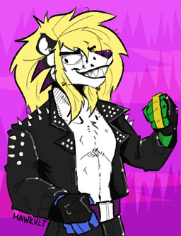 anthro belt belt_buckle blonde_hair buckle clothing ears_up fist hair hand_on_belt jacket long_hair looking_down male smile solo spiked_jacket spikes teeth teeth_showing topwear mawkvlt hi_res