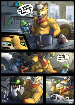 animal_genitalia anthro balls black_balls black_body black_claws black_fur black_hair black_pawpads black_sheath black_tail claws duo ear_piercing extreme_size_difference finger_claws fingerpads fur gauged_ear genitals green_eyes grin hair industrial_piercing inside kerchief kitchen male male_anthro micro motion_lines multicolored_hair neckerchief neckwear nude open_mouth orange_body orange_fur orange_tail pawpads penis penis_tip piercing red_kerchief red_neckerchief shaker_bottle sheath short_hair sitting size_difference smile speech_bubble standing tail text two_tone_hair white_hair yellow_body yellow_fur hufnaar canid canine mammal 2023 comic dated english_text hi_res