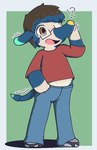 ?! anthro bottomwear clothing eyewear footwear glasses male mid_transformation motion_lines open_mouth pants red_clothing red_shirt red_topwear shirt shoes simple_background solo topwear transformation oagoner animal_crossing nintendo axel_(animal_crossing)