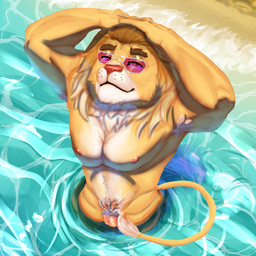 anthro armpit_tuft beach eyewear eyewear_only glasses glasses_only hair long_hair looking_at_viewer male mane muscular nude pecs perspective_shot skinny_dipping smile smiling_at_viewer smirk smirking_at_viewer solo wearing_glasses scratchingpost epic_games fortnite kingston_(fortnite) felid lion mammal pantherine 1:1 hi_res