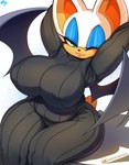 anthro big_breasts biped breasts clothed clothing eyeliner female green_eyes looking_at_viewer makeup nipple_outline solo tan_body white_body wings krokobyaka sega sonic_the_hedgehog_(series) rouge_the_bat bat mammal 2023 hi_res