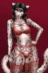 anthro black_hair bra breasts cleavage clothed clothing female fur garter_belt garter_straps hair hand_on_hip legwear lingerie looking_at_viewer panties pose red_background red_bra red_clothing red_panties red_underwear simple_background solo spots standing stockings thigh_highs underwear white_body white_fur friskalpox nilian_solus_(blokfort) felid mammal pantherine snow_leopard 2023 hi_res pinup portrait three-quarter_portrait