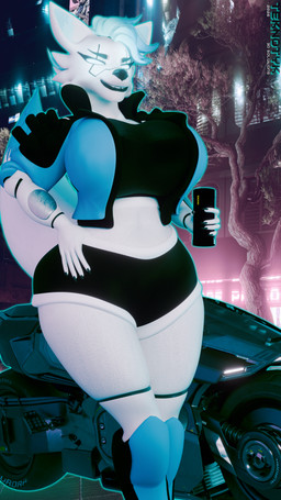 anthro athletic_wear beverage big_breasts blue_eyes blue_hair bodily_fluids boots bottomwear bra breasts clothing cybernetics female footwear fur glowing glowing_eyes gym_bottomwear gym_shorts hair hand_on_hip jacket legwear looking_at_viewer machine motorcycle outside shoes shorts smile smiling_at_viewer solo sports_bra sweat thigh_boots thigh_highs topwear underwear vehicle vxast_(modeler) white_body white_fur teknotyk cd_projekt_red cyberpunk_2077 tekki_(teknotyk) canid canine exotic_(cyberpunk) fox mammal 3d_(artwork) absurd_res blender_(artwork) digital_media_(artwork) hi_res watermark