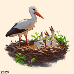 beak black_beak black_eyes black_markings black_wings feathers feral group leaf markings nest plant red_beak simple_background standing stick_nest white_background white_body white_feathers wings alexpahomov avian bird stork white_stork 1:1 2024 digital_media_(artwork) digital_painting_(artwork) painting_(artwork)