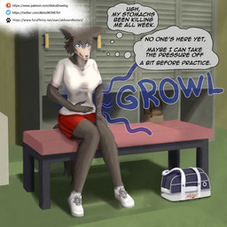 anthro bench bottomwear clothing drama_club female locker_room on_bench organs purple_eyes red_bottomwear red_clothing red_shorts school school_uniform shorts sitting sitting_on_bench solo stomach stomach_ache text uniform akikoandlostari beastars juno_(beastars) canid canine canis mammal wolf 1:1 english_text url