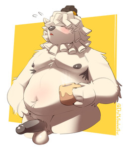 anthro balls belly blush container cup erection fur genitals hair hair_over_eyes male moobs mug navel nipples nude overweight penis solo white_body white_fur itsmesadaxis mihoyo petit_planet mobai_(petit_planet) canid canine canis domestic_dog herding_dog mammal pastoral_dog sheepdog hi_res