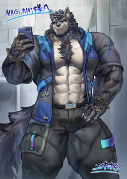 abs anthro barazoku bathroom beard biceps black_bottomwear black_clothing black_hair black_nipples black_pants blue_clothing blue_eyes blue_jacket blue_topwear body_hair bottomwear brown_clothing brown_gloves brown_handwear chest_hair chest_tuft claws clothing electronics facial_hair finger_claws fingerless_gloves fur gloves grey_body grey_clothing grey_fur grey_jacket grey_topwear hair hand_on_hip handwear happy_trail holding_object holding_phone inner_ear_fluff jacket male multicolored_body multicolored_clothing multicolored_fur multicolored_topwear muscular muscular_anthro muscular_male navel nipples obliques pants pecs phone poster public_restroom restroom_stall smile solo striped_body striped_fur stripes taking_picture taking_selfie text tile tile_wall topwear tuft two_tone_clothing two_tone_jacket two_tone_topwear urinal vein veiny_muscles wall_(structure) white_body white_fur white_inner_ear_fluff wolf_tail yukihoshiak magunm canid canine canis mammal wolf 2025 character_name japanese_text signature