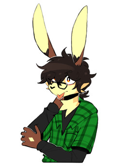 5_fingers anthro cheek_tuft clothing eyewear facial_tuft fingers fur glasses hair male multicolored_body multicolored_fur pattern_clothing pattern_shirt pattern_topwear plaid plaid_clothing plaid_shirt plaid_topwear rabbit_ears shirt simple_background solo tongue tongue_out topwear tuft wearing_glasses white_background axy_usagi lagomorph leporid mammal rabbit