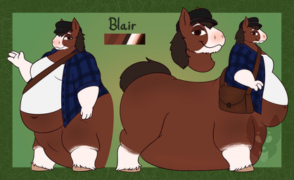 4_fingers bag belly belly_on_ground big_belly black_clothing black_hat black_headwear blue_clothing blue_jacket blue_topwear bottomless bottomless_male bottomless_taur brown_body brown_fur brown_hair clothed clothing color_swatch countershade_face countershade_fur countershading eyebrows fat_arms fetlocks fingers fur gloves_(marking) green_background hair hat headgear headwear hooves huge_belly humanoid_hands jacket leg_markings male male_taur markings moobs morbidly_obese morbidly_obese_male morbidly_obese_taur navel obese obese_male obese_taur overweight overweight_male overweight_taur partially_clothed partially_clothed_male partially_clothed_taur pattern_clothing pattern_topwear plaid plaid_clothing plaid_topwear quadruped satchel shirt simple_background socks_(marking) solo tan_hooves text thick_thighs topwear white_body white_clothing white_countershading white_eyebrows white_markings white_shirt white_topwear strawberrymilkdog blair_(kaspian) clydesdale draft_horse equid equid_taur equine equine_taur horse horse_taur mammal mammal_taur taur character_name hi_res