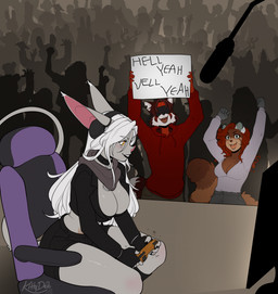 anthro biped bottomwear breasts clothed clothed_anthro clothed_female clothed_male clothing female fingers front_view fully_clothed fully_clothed_anthro fully_clothed_female fully_clothed_male fur group hair male sitting smile standing tail teeth tongue topwear trio kittydee verelle ailurid bat mammal red_panda 2026 digital_drawing_(artwork) digital_media_(artwork) hi_res
