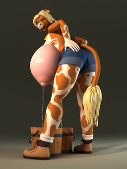annoyed anthro big_breasts blonde_hair bodily_fluids breasts bucket clothed clothing container female fur hair horn huge_breasts hyper lactating looking_at_viewer milk nipples open_mouth simple_background solo standing anthroanim annabelle_cow bovid bovine cattle mammal 3:4 3d_(artwork) digital_media_(artwork) hi_res