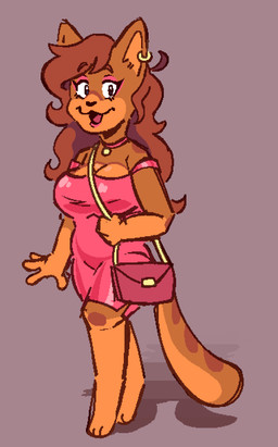 4_fingers anthro barefoot breasts brown_hair cleavage clothed clothing collar dress ear_piercing ear_ring eyeshadow feet female fingers fully_clothed hair long_hair makeup open_mouth open_smile piercing purse ring_piercing simple_background smile solo standing lyraarts lyra_(lyraarts) felid feline mammal aliasing digital_media_(artwork) hi_res