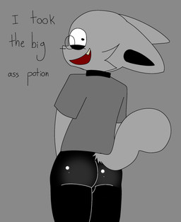 anthro black_bottomwear black_clothing black_pants bottomwear butt butt_focus clothing eyewear fur glasses grey_body grey_clothing grey_fur grey_shirt grey_topwear grin male pants shirt smile solo standing topwear skllfck felid feline mammal hi_res