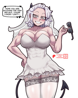 abs big_breasts biped breasts clothed clothing dialogue dress eyebrows eyelashes female fingers front_view hair legwear looking_at_viewer muscular muscular_female not_furry pupils simple_background smile solo speech_bubble tail text thick_thighs thigh_highs tehhank helltaker demon demon_humanoid humanoid english_text hi_res
