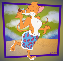 3_toes 4_fingers abstract_background anthro barefoot beach belly biped bottomwear brown_nose cheek_tuft chest_tuft clenched_teeth clothed clothing cloud cloudy_sky curling_tail eyes_closed eyewear facial_tuft feet fingers fluffy fluffy_chest fur giggle giggling glasses humanoid_hands humanoid_heel inner_ear_fluff male multicolored_body multicolored_fur open_mouth open_smile orange_body orange_fur painted_background paws pecs pink_inner_ear plantigrade pose puffed_out_chest running sand shorts sky smile solo tail teeth toes toony toothy_grin topless topless_anthro topless_male tuft two_tone_body two_tone_feet two_tone_fur white_belly white_body white_chest white_fur white_soles wide_hips gavanzude geronimo_stilton_(series) geronimo_stilton mammal mouse murid murine rodent 2026 alternate_version_at_paywall colored digital_drawing_(artwork) digital_media_(artwork) flat_colors hi_res pinup signature