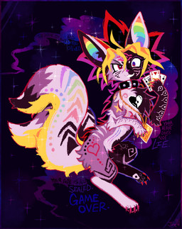 2_tails :3 alternate_species ambiguous_gender anthro arm_markings asymmetrical_eyes black_collar black_hair black_markings blonde_hair blue_text claws collar cosmic_background detailed_background facial_markings forehead_markings fur furrification grin hair head_markings heart_(marking) holding_card markings multi_tail multicolored_body multicolored_fur multicolored_markings multicolored_tail pink_body pink_ears pink_fur pink_nose purple_body purple_fur purple_tail rainbow_inner_ear rainbow_markings rainbow_tail red_claws red_eyes red_hair red_markings semi-anthro smile solo sparklefur split_color split_color_fur star striped_body striped_fur stripes tail tail_markings teeth text yellow_markings yellow_tail chatoyancy yu-gi-oh! atem_(yu-gi-oh) yugi_muto mammal species_request 2024 digital_drawing_(artwork) digital_media_(artwork) english_text full-length_portrait hi_res lineless portrait