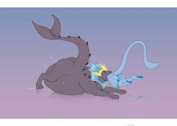belly big_belly blue_eyes duo female feral fish_tail fur grey_body grey_skin long_ears long_tail male oral_vore purple_eyes tail vore white_body white_fur cmitchell nintendo pokemon eeveelution generation_1_pokemon pokemon_(species) vaporeon absurd_res hi_res