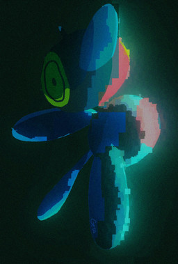 ambiguous_gender beak big_eyes big_head floating_head glitch glowing horn not_furry simple_background solo static_background tail yellow_eyes geta_(artist) nintendo pokemon digital_creature generation_4_pokemon glitch_creature pokemon_(species) porygon-z 2024 dithering full-length_portrait hi_res portrait