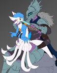 anthro armor arms_tied bound duo genitals hands_behind_back male male/male nervous on_lap penis threatening_with_weapon nevan_nedall_(colorist) thelionfish destiny_(video_game) nintendo pokemon eliksni gardevoir generation_3_pokemon pokemon_(species) hi_res