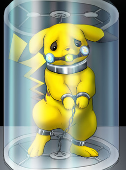 3_toes ambiguous_gender ball_gag barefoot battery bdsm bondage bound chain chained collar containment cuff_(restraint) dungeon feet feral feral_bondage gag handcuffs metal_cuffs nude plantigrade prisoner restrained restraints science_fiction shackled shackles solo toes raptorroper nintendo pokemon generation_1_pokemon mammal pikachu pokemon_(species) hi_res