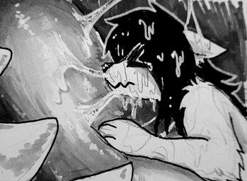 >_< ambiguous_gender anthro black_hair bodily_fluids cum cum_in_mouth cum_inside duo extreme_size_difference eyes_closed female female/ambiguous fur genital_fluids hair handpaw in_mouth inside_mouth mawplay micro paws saliva saliva_covered saliva_on_face saliva_string sharp_teeth size_difference solo_focus teeth tongue unseen_pred vore lillywolff canid canine canis hybrid mammal wolf digital_media_(artwork) greyscale monochrome traditional_media_(artwork)